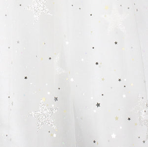 Disney Cinderella Dress with White Sequins and Glitter Stars This white Cinderella Dress by Disney Boutique is a fabulous choice for the wedding and party season. The dazzling white sequin bodice has a shaped sequin peplum and elegant sequin capped sleeves. Close up of glittery fabric of the skirt