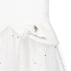 Disney Cinderella Dress with White Sequins and Glitter Stars This white Cinderella Dress by Disney Boutique is a fabulous choice for the wedding and party season. The dazzling white sequin bodice has a shaped sequin peplum and elegant sequin capped sleeves. Close up of Cinderella trinket 'a silver shoe' on the waist.