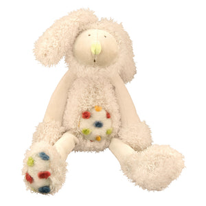 A Wonderful Gift - Rabbit Soft Toy! This lovely cuddly cream rabbit soft toy has a tufted velour spotty tummy and feet. A gift that a child is sure to hold onto from the moment they open the beautifully illustrated gift box. showing rabbit sitting on white background
