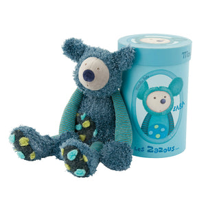 A beautiful blue Koala - a super gift for babies with style! This lovely soft cuddly, turquoise and blue Koala Bear has multi coloured tufted velour spotty tummy and feet. A gift that a child is sure to hold onto from the moment they open the beautifully illustrated gift box. An adorable soft toy suitable from birth. Showing Koala leaning up his gifts box