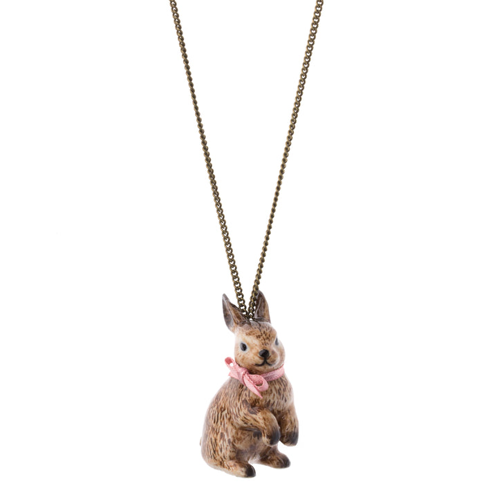 Brown Rabbit Necklace with Pink Bow - Hand Painted