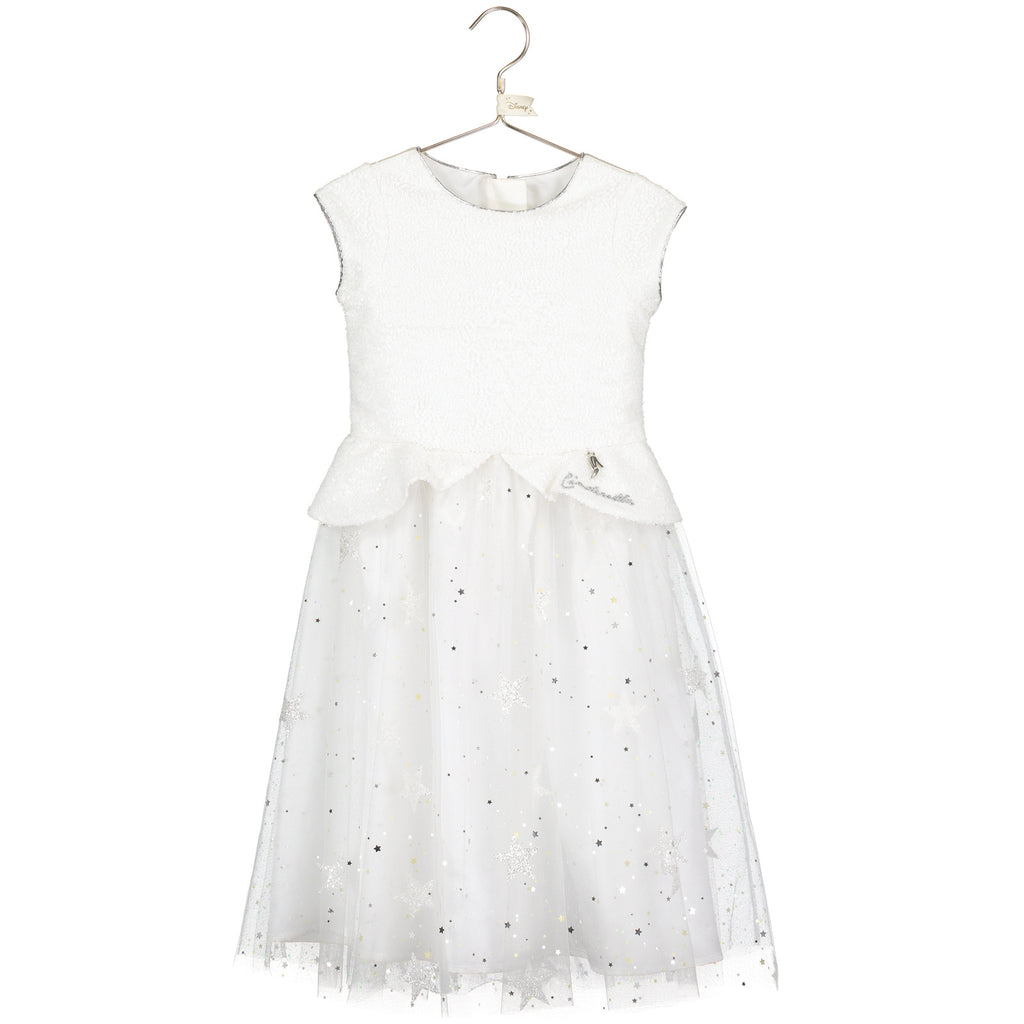 Disney Cinderella Dress with White Sequins and Glitter Stars This white Cinderella Dress by Disney Boutique is a fabulous choice for the wedding and party season. The dazzling white sequin bodice has a shaped sequin peplum and elegant sequin capped sleeves. Dress shown on a white background