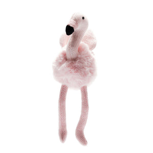 Flamingo rattle soft toy - an adorable pink fluffy gift This pink fluffy flamingo rattle makes a gorgeous gift for new born babies, christenings and a first Christmas. This brightly coloured flamingo has a fluffy body, pretty pink tweed legs and knitted wings. It also has a beautiful black beak and black stitched eyes. Truly gorgeous gift! Flamingo showm on white background