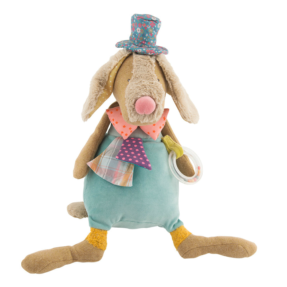Fun, colourful activity soft toy dog. The plush brown dog has brown fabric head, arms, and feet. He wears a fabulous plump pink bow with orange stars. His floral fabric top hat has an orange-faced fish attached.