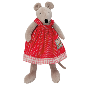 Nini Mouse - The pretty little mouse that makes a great companion. Little Nini Mouse is a cute soft plush toy. She has soft brown fur and a black nose and wears a pretty red dress with white polka dots. Showing Nini on white background