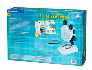 3D Microscope box - showing the back of box  - Microscoping with this high quality stereo microscope is a real eye opener! This binocular style 3D microscope from Thames and Kosmos is so easy to use for children and adults as you’re not trying to cover or shut one eye to get a clear focus on what your viewing through the lens. There’s an amazing micro world to explore. Included in the package is 2 x 5mm lens and 2 x 10mm lens. 