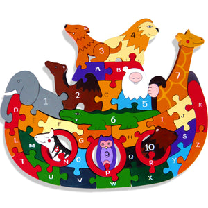 Noah's Ark Jigsaw - great for learning the alphabet and numbers. This beautifully hand made chunky Noah's Ark jigsaw depicts Noah standing on his ark with letters A to Z and 9 different animals with Noah which are numbered from 1 to 10. Showing full jigsaw on white background