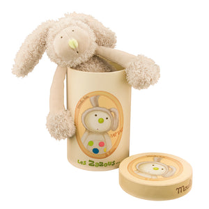A Wonderful Gift - Rabbit Soft Toy! This lovely cuddly cream rabbit soft toy has a tufted velour spotty tummy and feet. A gift that a child is sure to hold onto from the moment they open the beautifully illustrated gift box. Showing rabbit peeping out of box