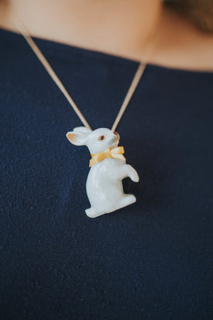 White Rabbit Necklace with Gold Bow - Porcelain