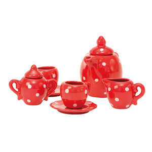 Red ceramic children's tea set by Moulin Roty - a red and white spotty miniature tea set for children