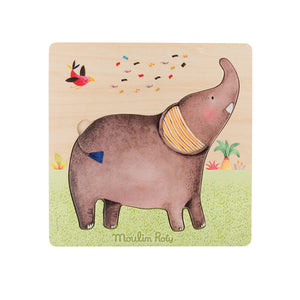 A lovely elephants puzzle - great 1st birthday gift ! This wooden elephants puzzle is beautifully illustrated. There are 4 pieces and 3 layers of elephants from baby elephant to grown up elephant - ideal for a first jigsaw. Showing top layer of jigsaw