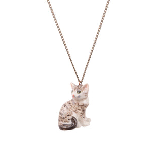 Hand-painted porcelain tabby cat necklace - a beautiful gift for cat lovers. A beautifully hand-painted tabby cat with intricate detail on the face with green eyes, pink nose, and whiskers. Adorable!  This cat is featured on an antique brass plated chain.  These hand-painted porcelain necklaces have amazing detailed features that make the tabby cat necklace look adorable.  A real keepsake you'll treasure for years to come. Designed and hand-finished in Scotland.
