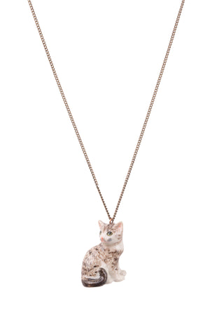 Hand-painted porcelain tabby cat necklace - a beautiful gift for cat lovers. A beautifully hand-painted tabby cat with intricate detail on the face with green eyes, pink nose, and whiskers. Adorable!  This cat is featured on an antique brass plated chain.  These hand-painted porcelain necklaces have amazing detailed features that make the tabby cat necklace look adorable.  A real keepsake you'll treasure for years to come. Designed and hand-finished in Scotland.