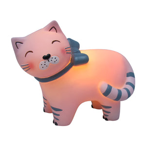 A gorgeous children's light depicting a happy pink cat wearing a grey bow. At bedtime, it's reassuring for some to have a children's night light in the room. What better way to create an atmosphere of calm than a pretty pink cat night light. Showing lit cat on white background