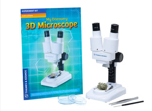 3D Microscope shown with instruction leaflet - Microscoping with this high quality stereo microscope is a real eye opener! This binocular style 3D microscope from Thames and Kosmos is so easy to use for children and adults as you’re not trying to cover or shut one eye to get a clear focus on what your viewing through the lens. There’s an amazing micro world to explore. Included in the package is 2 x 5mm lens and 2 x 10mm lens. 