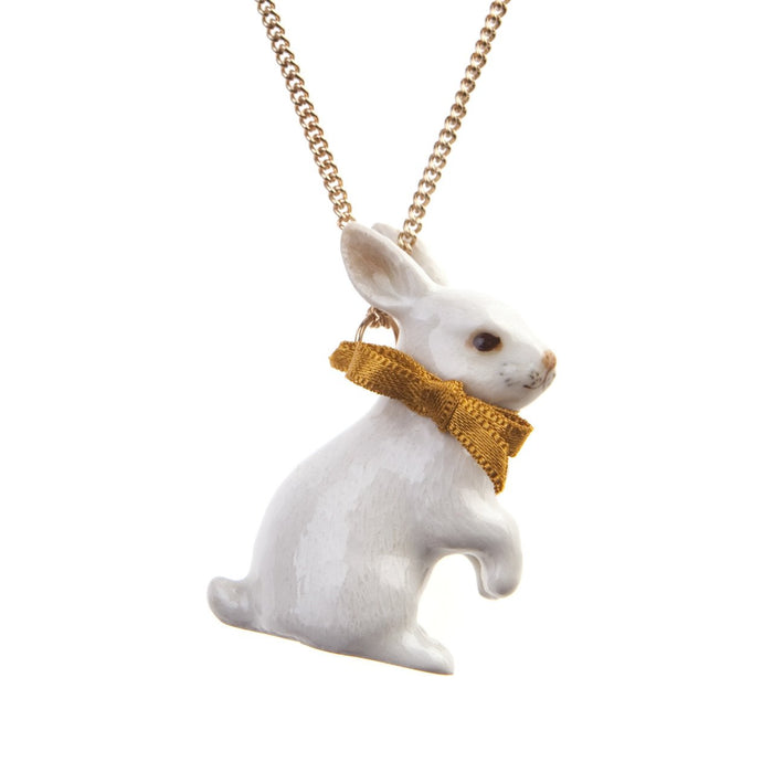 White Rabbit Necklace with Gold Bow - Porcelain